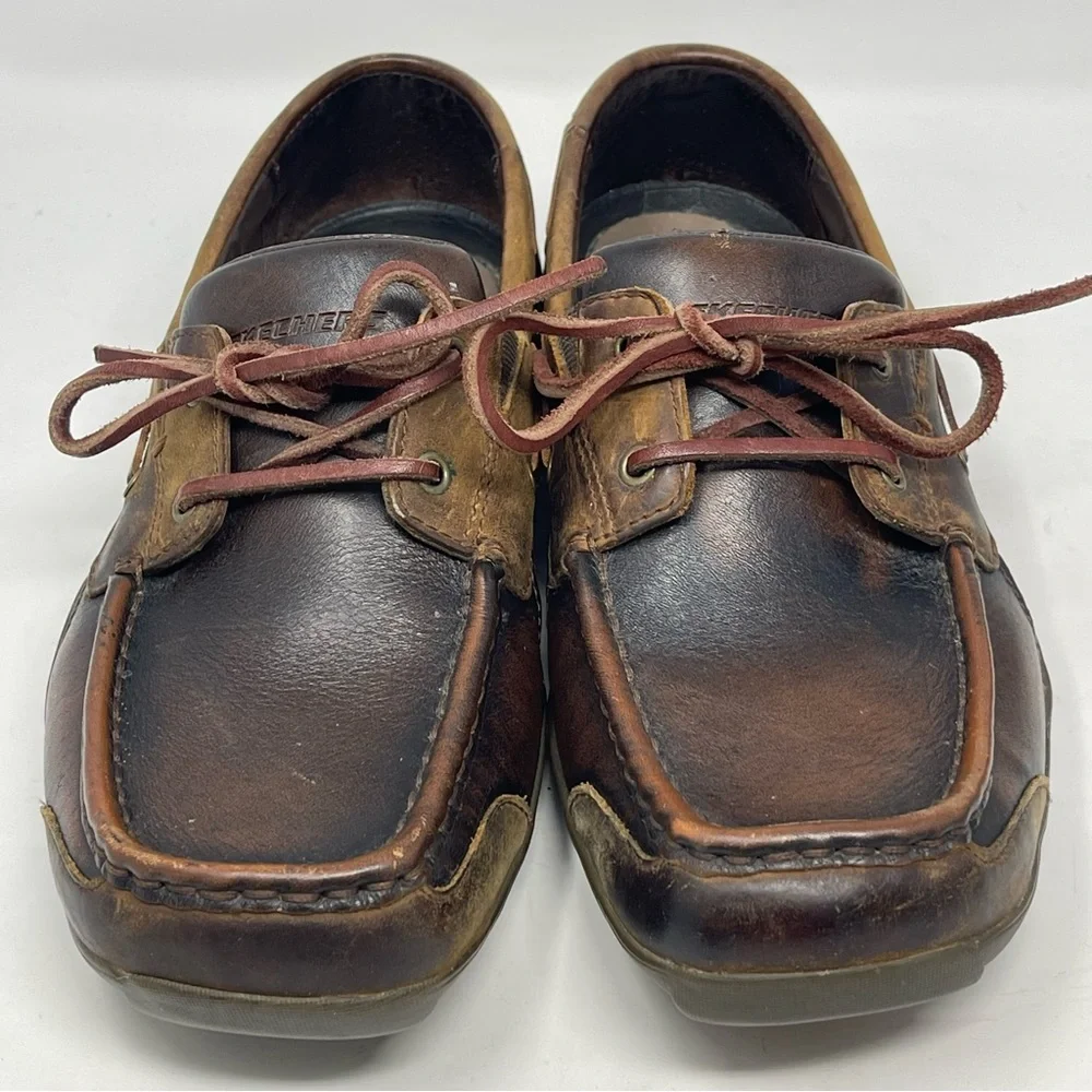 Skechers Boat Deck Shoes Mens 8 Brown Leather Casual 2 Eye Driving Moc Toe